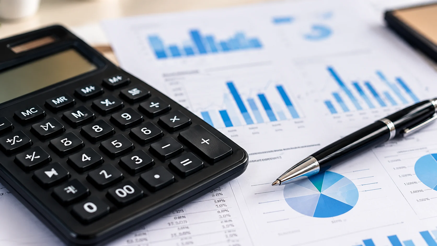 Calculadora y reportes financieros sobre un escritorio